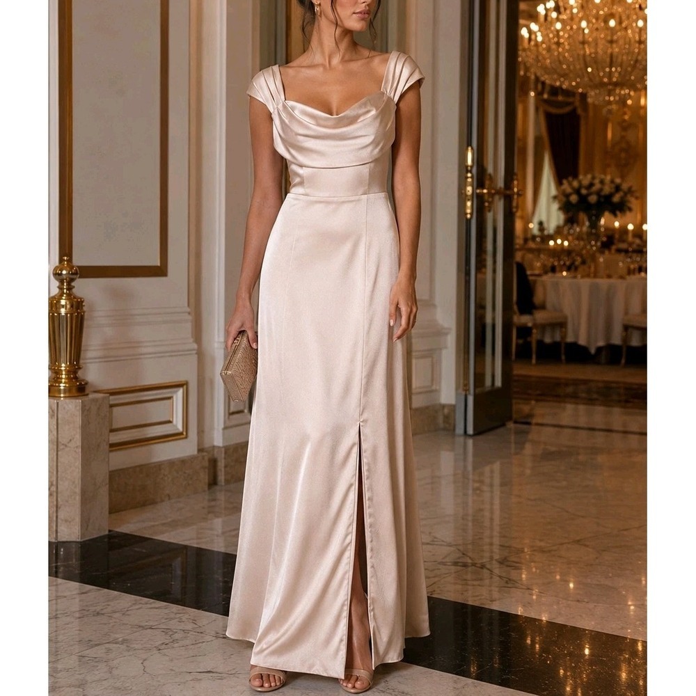 NWT Stacees Champagne Satin Maxi Dress US 8 Bridesmaid Formal Wedding Gown
